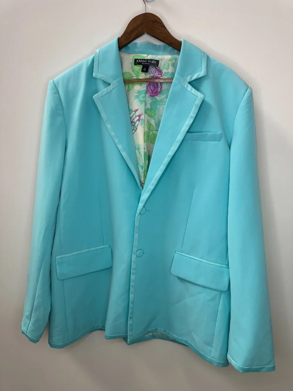 Johnny Wujek Suit Blazer Satin Trim Floral Lined Jacket Oversized Wedding Party - Picture 13 of 13